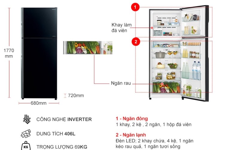 Tủ lạnh Hitachi Inverter 443L R-FVX510PGV9(GBK)